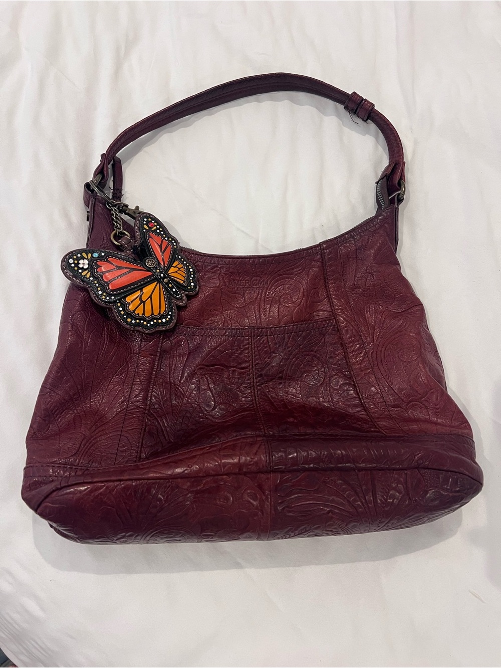 American Leather Co Burnt Tobacco Leaf Embossed w/leather Butterfly Charm w/ zip